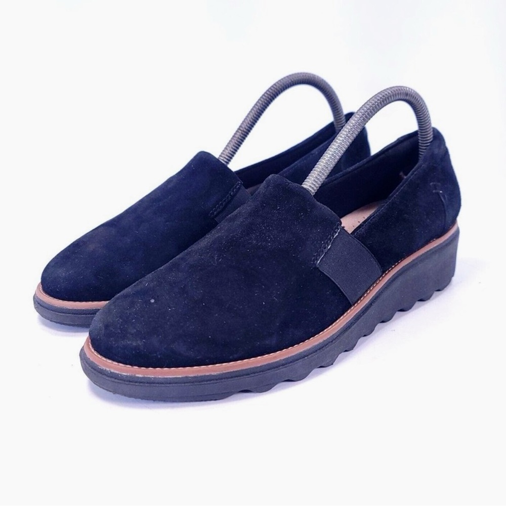 Clarks Sharon Tori Loafers Shoes 8M Black Wedge Slip On Leather Suede